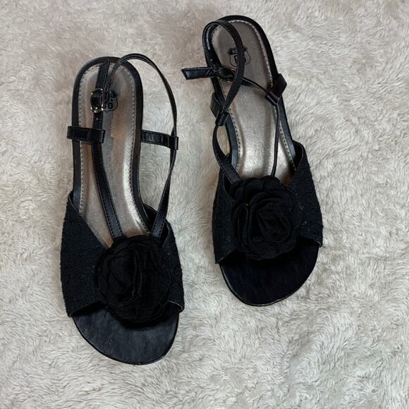 Route 66 fabric flower raffia espadrille wedge sandals, 9.5 - Picture 3 of 9